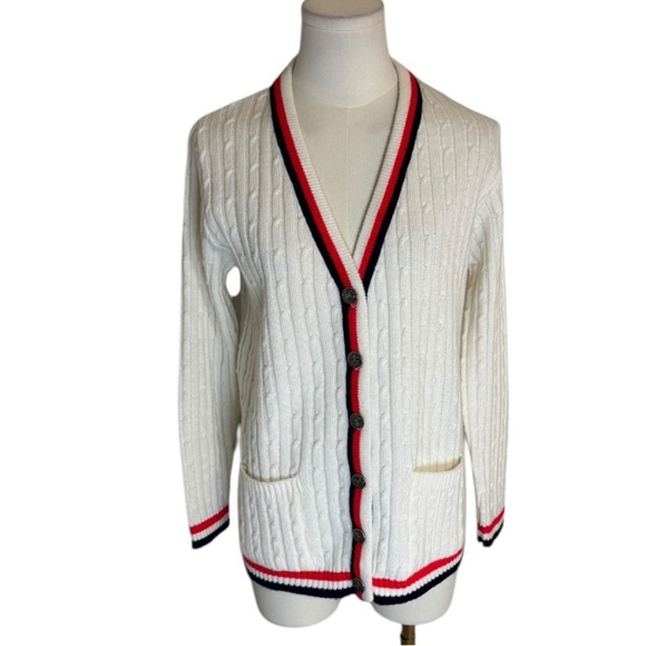 VINTAGE Brownstone Studio Red White Blue Preppy Cardigan Cable Knit Sweater Sz M - Picture 7 of 7